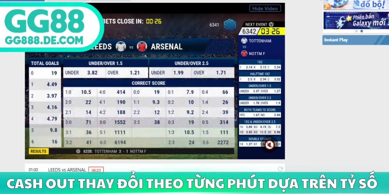 Cash out thay đổi theo từng phút dựa trên tỷ số
