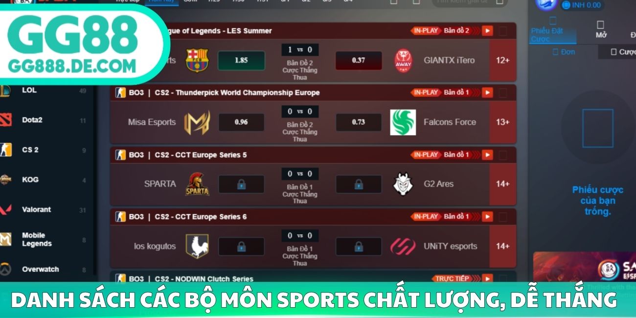 Danh sách các bộ môn sports chất lượng, dễ thắng